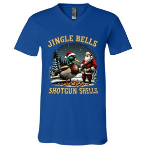 Santa Hunting Humor Mallard Jingle Bells Shotgun Shells Gift V-Neck T-Shirt