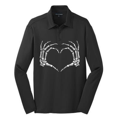 Skeleton Hands Heart Sign Retro Halloween Costume Silk Touch Performance Long Sleeve Polo