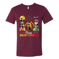 Schnauzer Happy Hallothanksmas Halloween Thanksgiving Xmas V-Neck T-Shirt