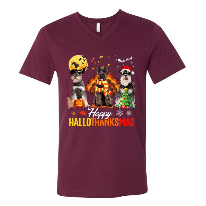 Schnauzer Happy Hallothanksmas Halloween Thanksgiving Xmas V-Neck T-Shirt