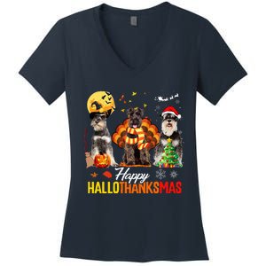 Schnauzer Happy Hallothanksmas Halloween Thanksgiving Xmas Women's V-Neck T-Shirt