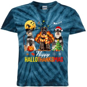 Schnauzer Happy Hallothanksmas Halloween Thanksgiving Xmas Kids Tie-Dye T-Shirt