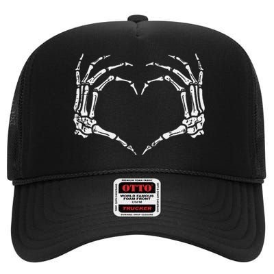 Skeleton Hands Heart Sign Retro Halloween Costume High Crown Mesh Back Trucker Hat