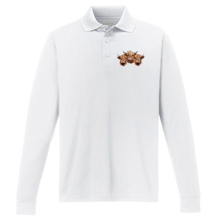 Scottish Hairy Highland Cows Apparel Coos Family Fun Performance Long Sleeve Polo