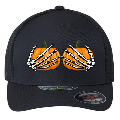 Skeleton Hands Holding Pumpkin Tits Flexfit Unipanel Trucker Cap