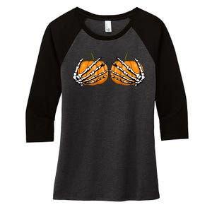 Skeleton Hands Holding Pumpkin Tits Women's Tri-Blend 3/4-Sleeve Raglan Shirt