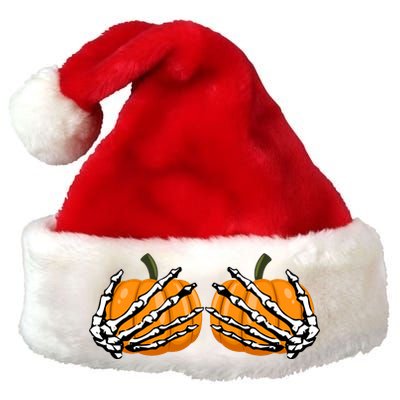 Skeleton Hands Holding Pumpkin Tits Premium Christmas Santa Hat