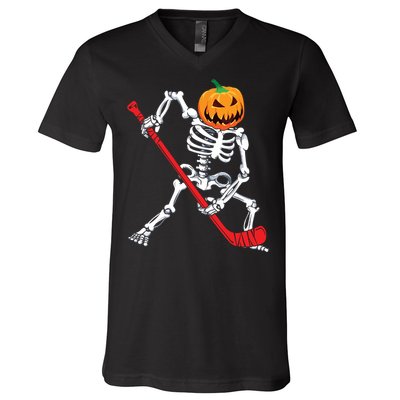 Skeleton Hockey Halloween Pumpkin V-Neck T-Shirt