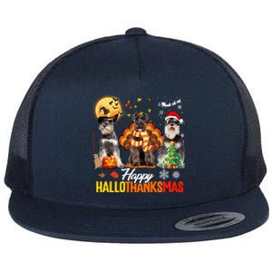 Schnauzer Happy Hallothanksmas Halloween Thanksgiving Xmas Cool Gift Flat Bill Trucker Hat