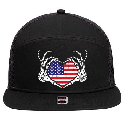 Skeleton Hand Heart 4th Of July Love American Flag Patriotic 7 Panel Mesh Trucker Snapback Hat