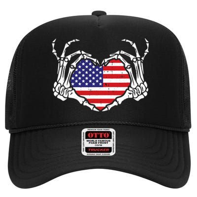 Skeleton Hand Heart 4th Of July Love American Flag Patriotic High Crown Mesh Back Trucker Hat