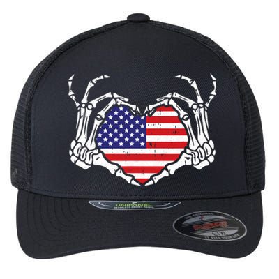 Skeleton Hand Heart 4th Of July Love American Flag Patriotic Flexfit Unipanel Trucker Cap