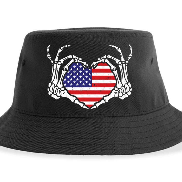 Skeleton Hand Heart 4th Of July Love American Flag Patriotic Sustainable Bucket Hat