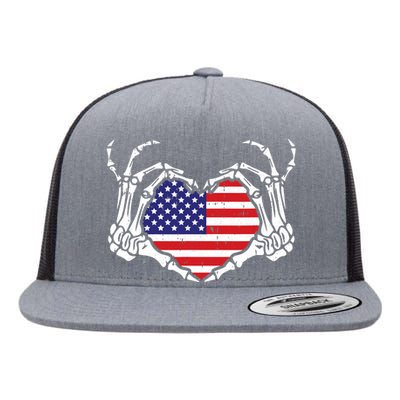 Skeleton Hand Heart 4th Of July Love American Flag Patriotic Flat Bill Trucker Hat