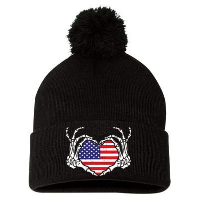 Skeleton Hand Heart 4th Of July Love American Flag Patriotic Pom Pom 12in Knit Beanie