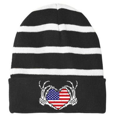 Skeleton Hand Heart 4th Of July Love American Flag Patriotic Striped Beanie with Solid Band