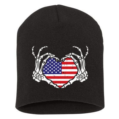 Skeleton Hand Heart 4th Of July Love American Flag Patriotic Short Acrylic Beanie