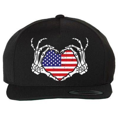 Skeleton Hand Heart 4th Of July Love American Flag Patriotic Wool Snapback Cap