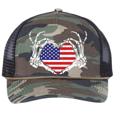 Skeleton Hand Heart 4th Of July Love American Flag Patriotic Retro Rope Trucker Hat Cap