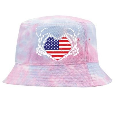 Skeleton Hand Heart 4th Of July Love American Flag Patriotic Tie-Dyed Bucket Hat