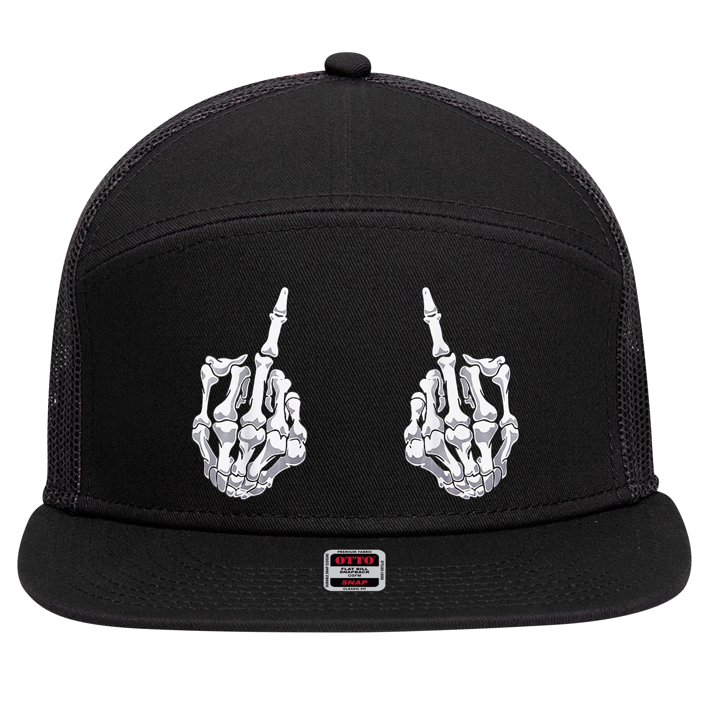 Skeleton Hand Halloween Bones Middle Finger Skull 7 Panel Mesh Trucker Snapback Hat