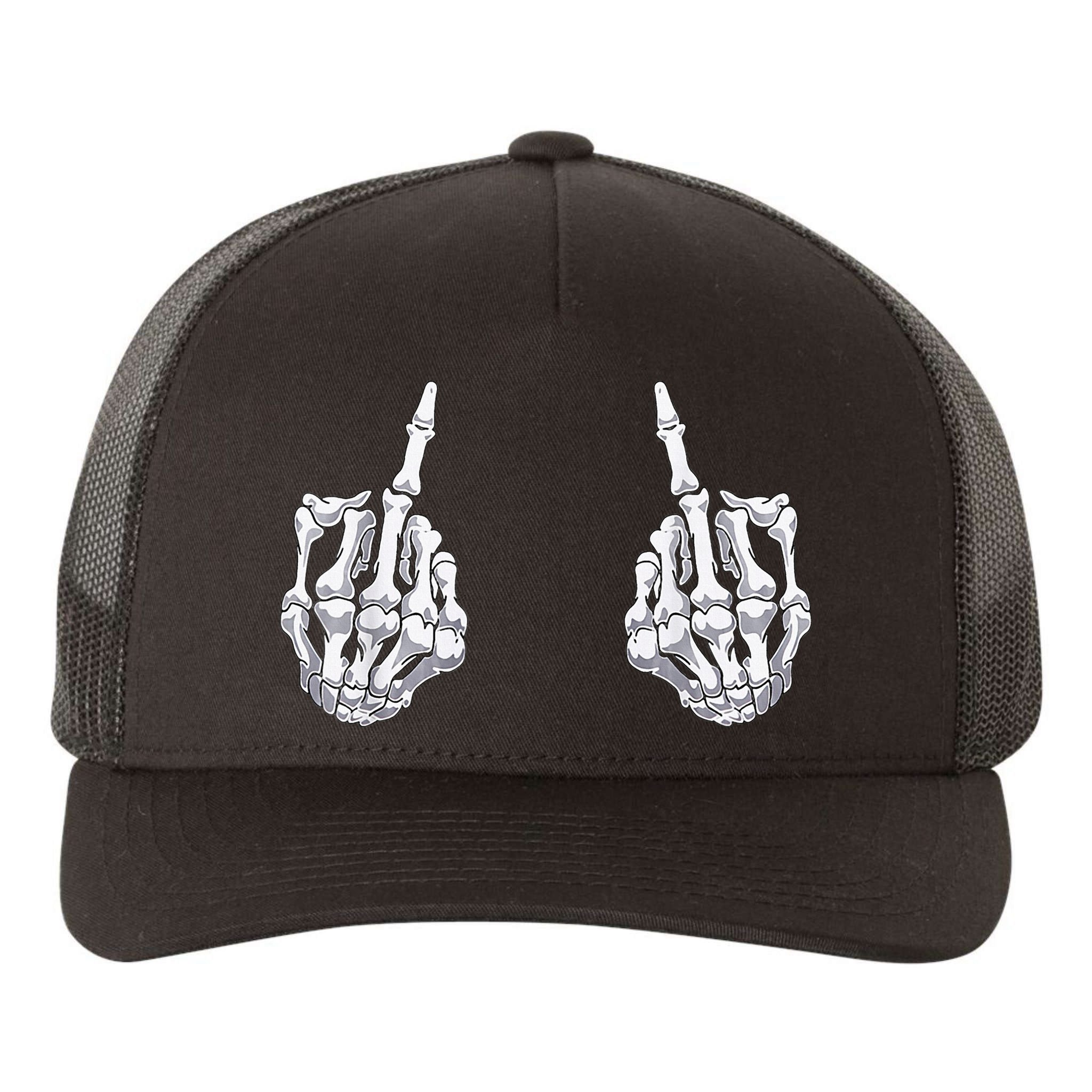 Skeleton Hand Halloween Bones Middle Finger Skull Yupoong Adult 5-Panel Trucker Hat