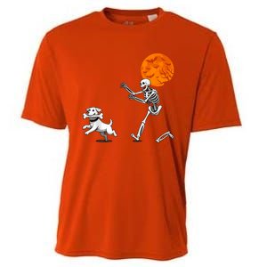 Spooky Humor Halloween Skeleton Chasing Dog Cooling Performance Crew T-Shirt