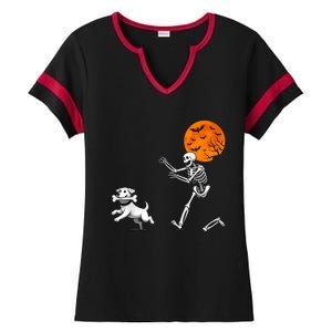 Spooky Humor Halloween Skeleton Chasing Dog Ladies Halftime Notch Neck Tee