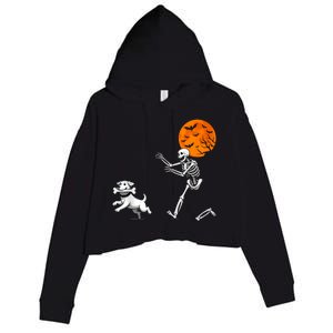 Spooky Humor Halloween Skeleton Chasing Dog Crop Fleece Hoodie