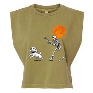 Spooky Humor Halloween Skeleton Chasing Dog Garment-Dyed Women's Muscle Tee