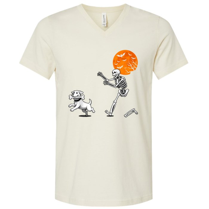 Spooky Humor Halloween Skeleton Chasing Dog V-Neck T-Shirt