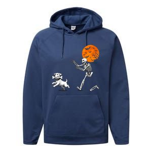 Spooky Humor Halloween Skeleton Chasing Dog Performance Fleece Hoodie