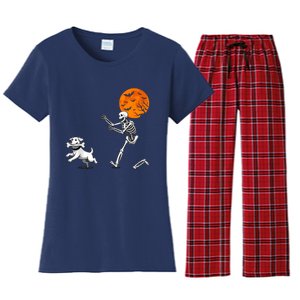 Spooky Humor Halloween Skeleton Chasing Dog Women's Flannel Pajama Set