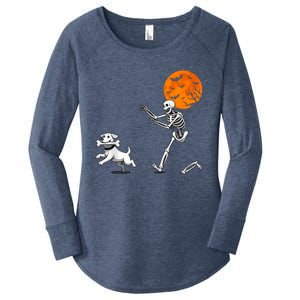 Spooky Humor Halloween Skeleton Chasing Dog Women's Perfect Tri Tunic Long Sleeve Shirt