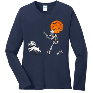 Spooky Humor Halloween Skeleton Chasing Dog Ladies Long Sleeve Shirt