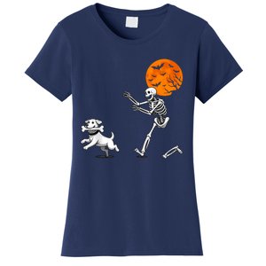 Spooky Humor Halloween Skeleton Chasing Dog Women's T-Shirt