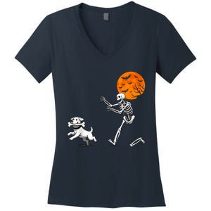 Spooky Humor Halloween Skeleton Chasing Dog Women's V-Neck T-Shirt