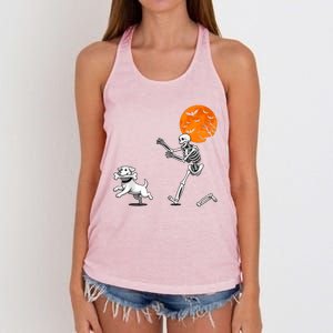 Spooky Humor Halloween Skeleton Chasing Dog Women's Knotted Racerback Tank