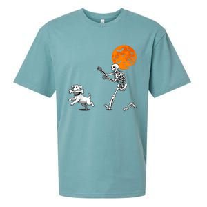 Spooky Humor Halloween Skeleton Chasing Dog Sueded Cloud Jersey T-Shirt