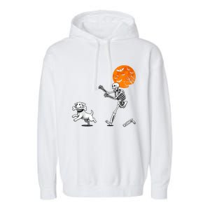 Spooky Humor Halloween Skeleton Chasing Dog Garment-Dyed Fleece Hoodie