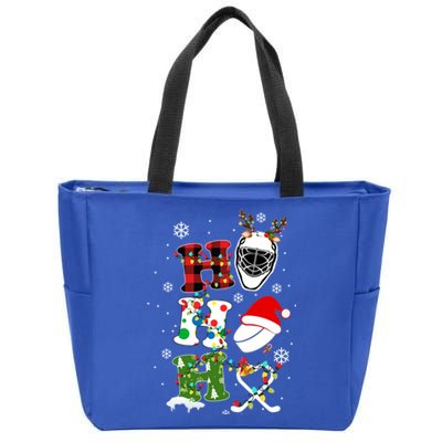 Santa Ho Ho Ho Hockey Christmas Holiday Plaid Xmas Hockey Gift Zip Tote Bag