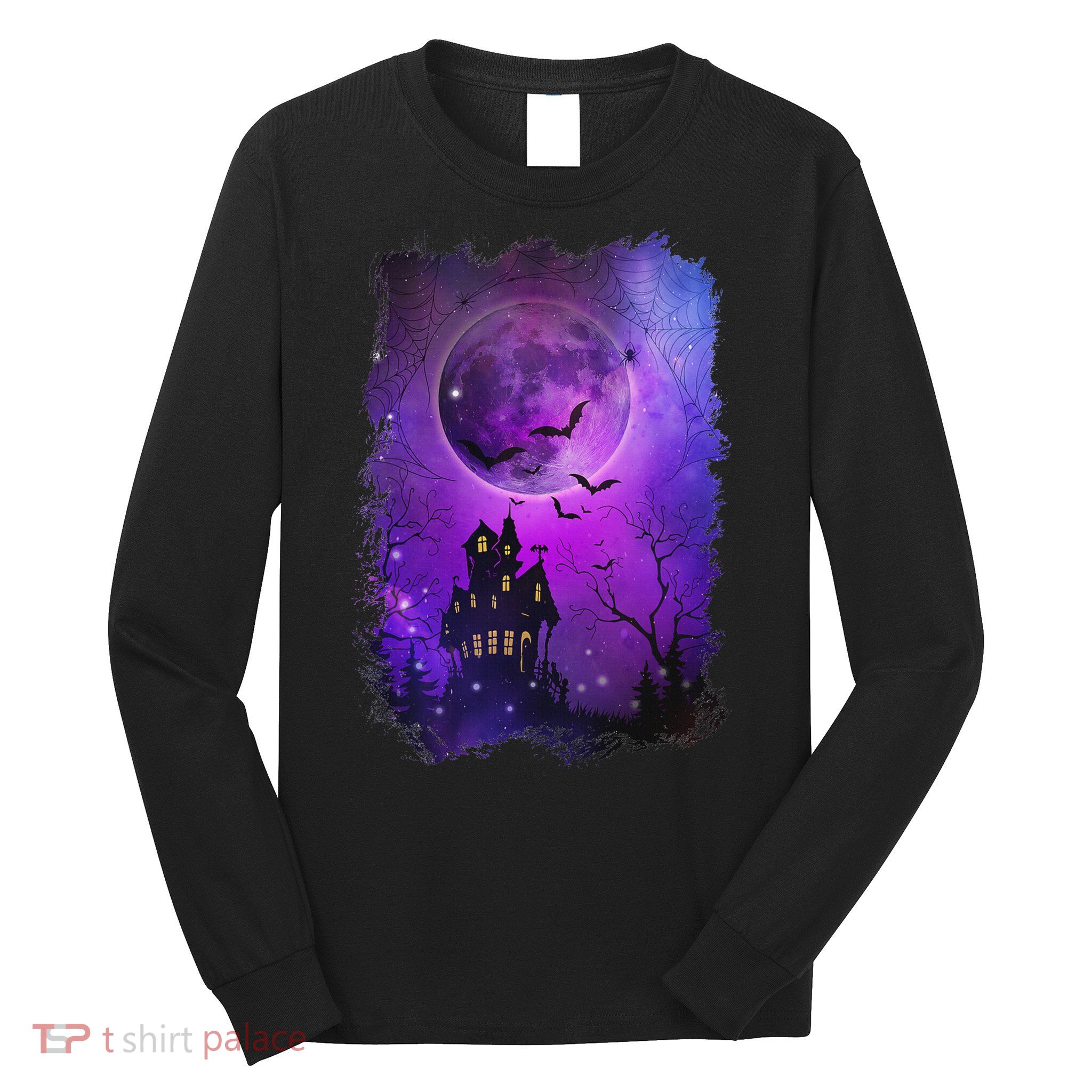 Spooky Halloween Haunted House Bats & Blood Moon Scene Long Sleeve Shirt
