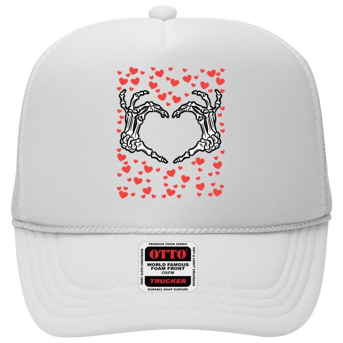 Skeleton Hand Heart Valentines Day Funny Bones Love High Crown Mesh Back Trucker Hat