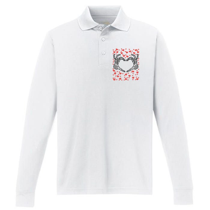 Skeleton Hand Heart Valentines Day Funny Bones Love Performance Long Sleeve Polo