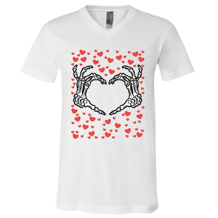 Skeleton Hand Heart Valentines Day Funny Bones Love V-Neck T-Shirt