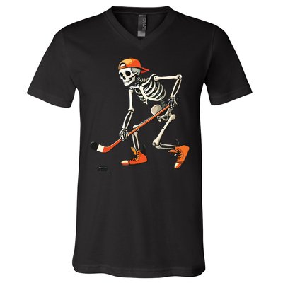 Skeleton Hockey Halloween Costume Sport V-Neck T-Shirt