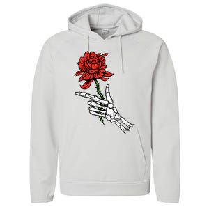 Skeleton Hand Holding A Red Rose Performance Fleece Hoodie