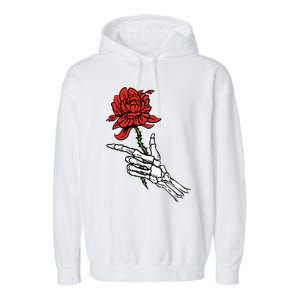 Skeleton Hand Holding A Red Rose Garment-Dyed Fleece Hoodie