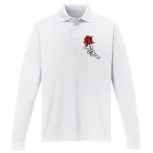 Skeleton Hand Holding A Red Rose Performance Long Sleeve Polo