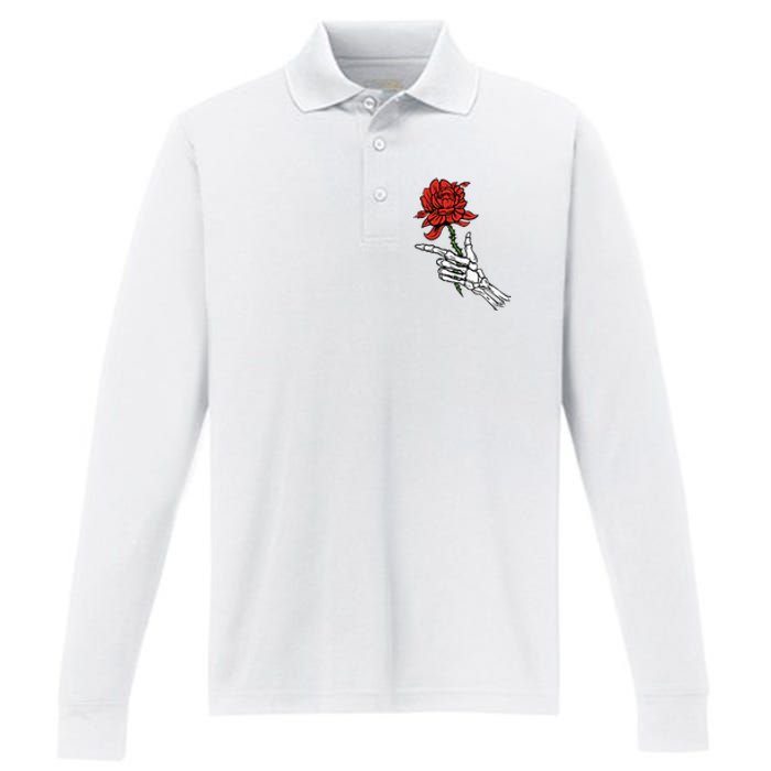 Skeleton Hand Holding A Red Rose Performance Long Sleeve Polo